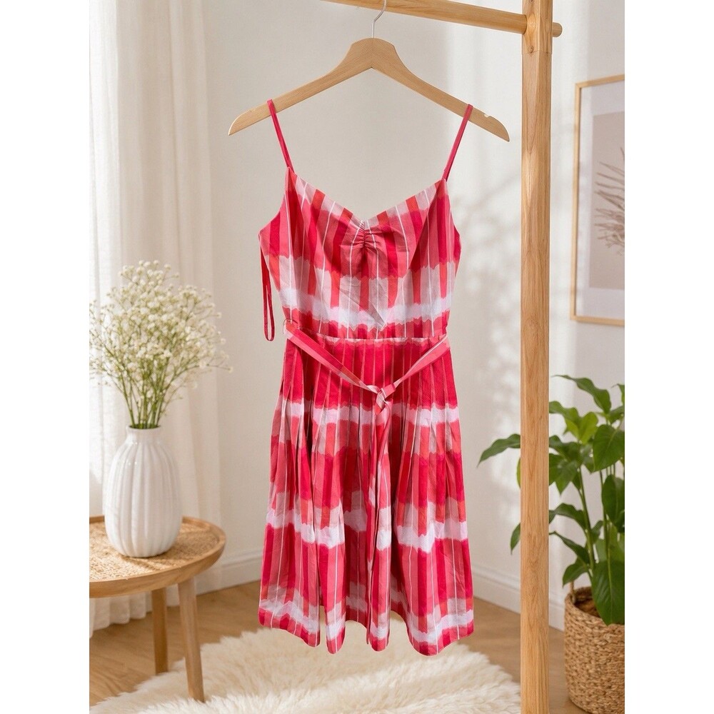 BCBGMAXAZRIA Pleated Tie Dye Summer Dress Pink Red Watercolor Size 12 Spaghetti